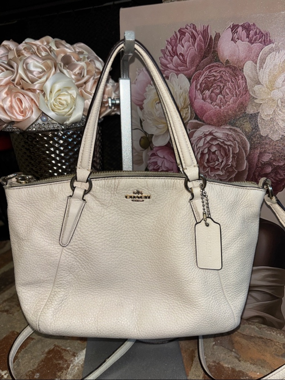 COACH Pebbled Leather Mini Kelsey Tote Bag in Light Beige Fair Condition